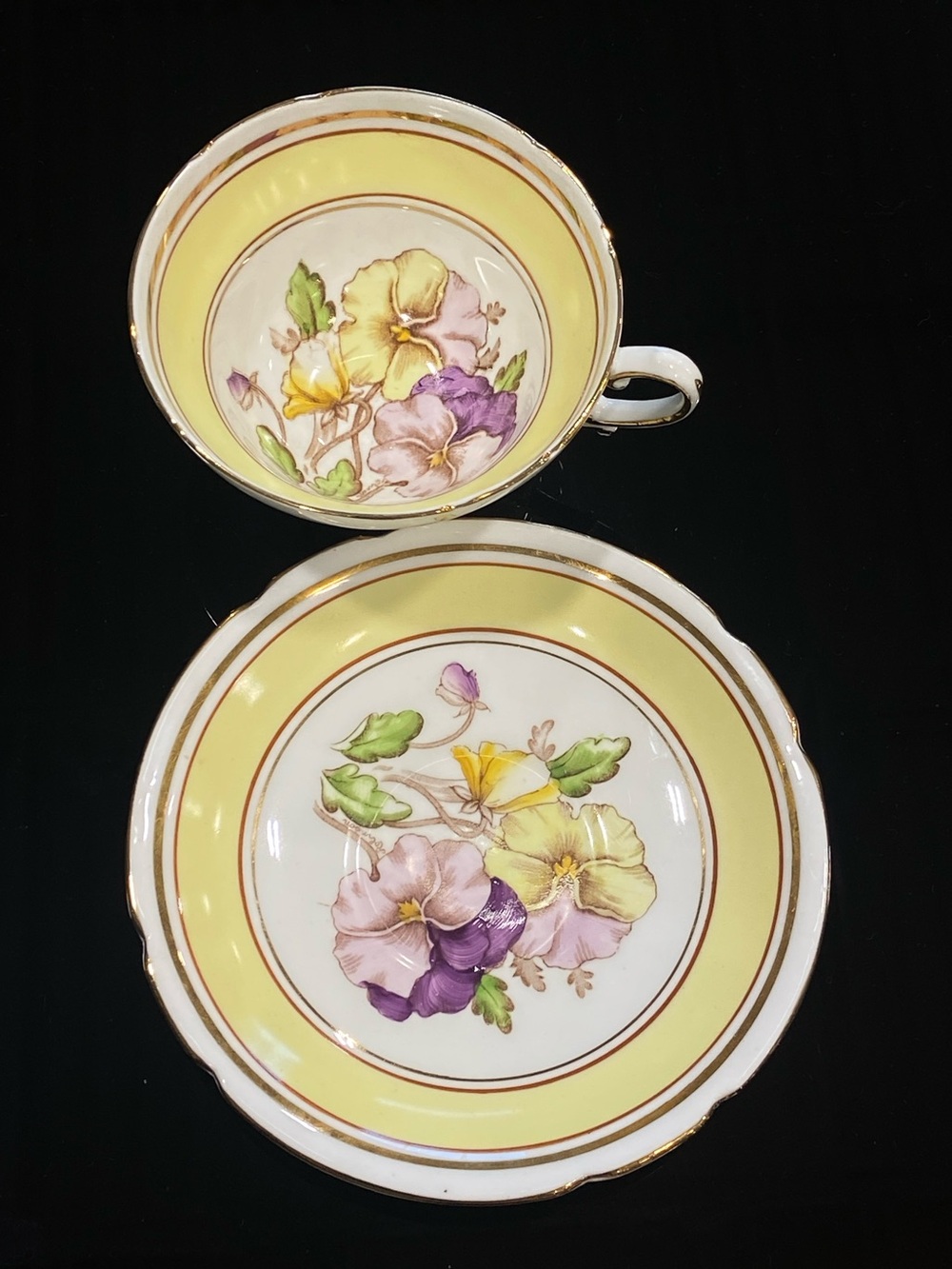 VINTAGE STANLEY CUP & SAUCER HAND PAINTED “PANSIES” FLORAL; ENGLAND TEACUP SET